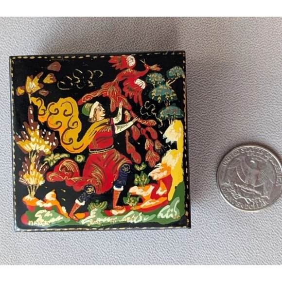 Vintage Palekh Hand Painted Lacquer Small Jewelry Trinket Box 'Firebird' Signed - Picture 2 of 7